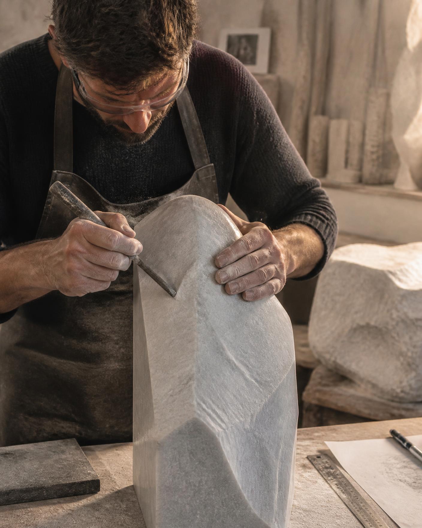 Designer trabalhando manualmente uma peça em pedra natural no ateliê