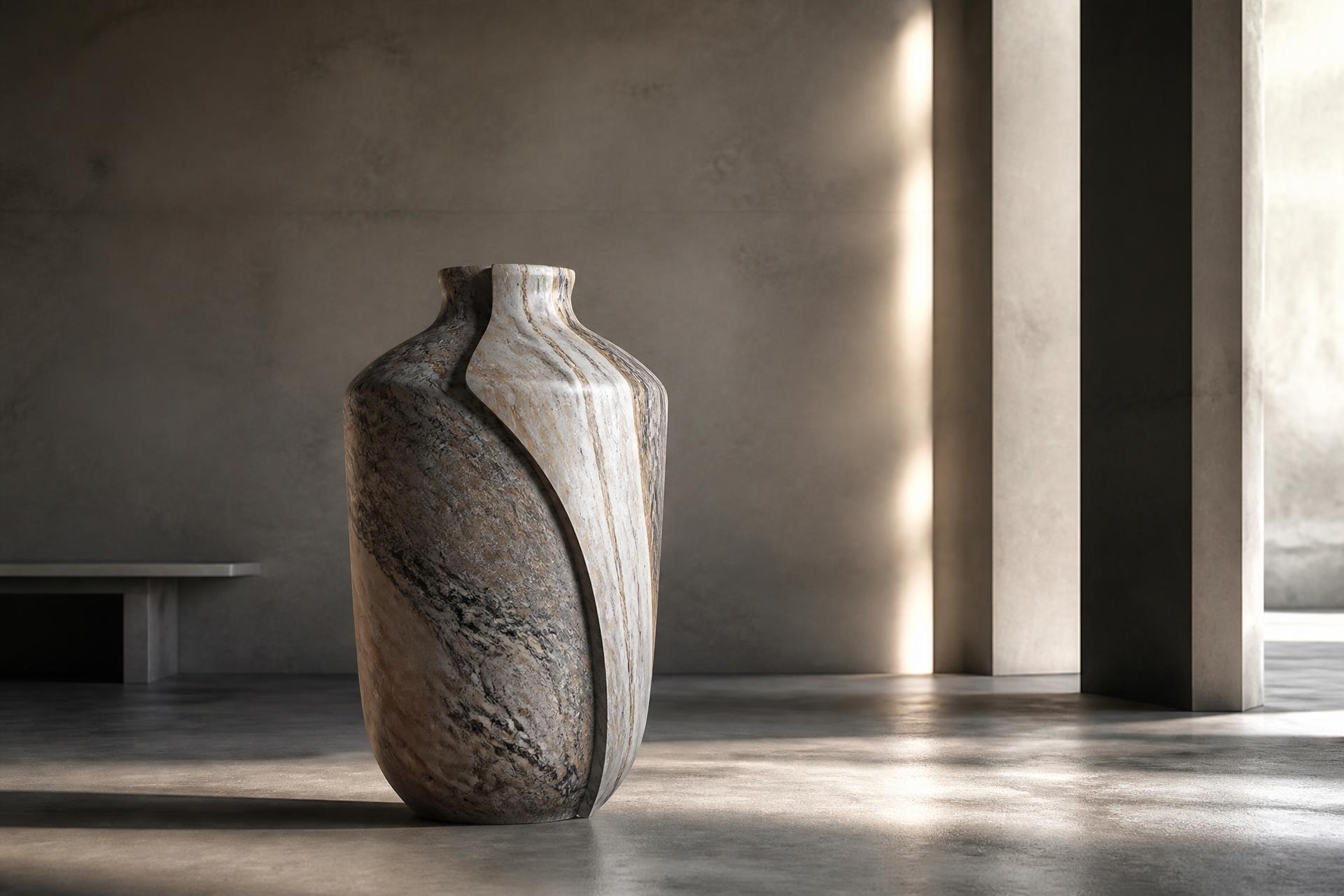 Vaso escultórico em rocha natural com veios em ambiente arquitetônico de concreto