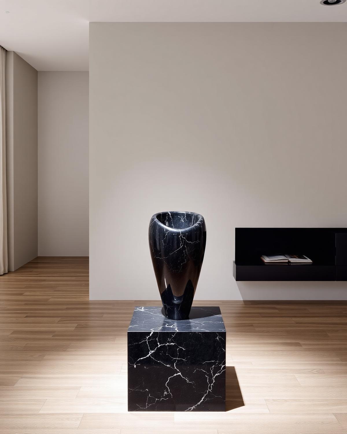 Vaso escultórico em granito escuro sobre base de pedra em interior minimalista